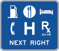 General services (up to 6 symbols) with action message road sign (MUTCD D9-18b)