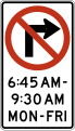 No right turn (times and days) (3-lines) road sign (MUTCD R3-1h_(1_time_span))