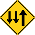 Two-way traffic (3-Lane, two lanes in the opposing direction) road sign (MUTCD W6-5)
