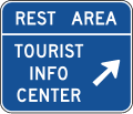 Rest area - tourist info center (diagonal right arrow) road sign (MUTCD D5-8)