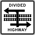Divided highway transit rail crossing (T-intersection) road sign (MUTCD R15-7a)