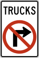 No right turn for trucks road sign (MUTCD R3-1b)