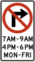 No right turn (times and days) (3-lines) road sign (MUTCD R3-1h)