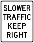 Slower traffic keep right road sign (MUTCD R4-3)