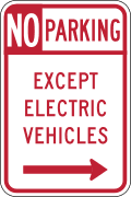 No parking, except electric vehicles road sign (MUTCD R7-111)