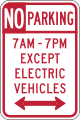 No parking, (times) except electric vehicles road sign (MUTCD R7-111a)