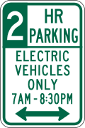 Two hour parking, electric vehicles only (times) road sign (MUTCD R7-112a)