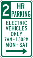 Two hour parking, electric vehicles only (times and days) road sign (MUTCD R7-112b)