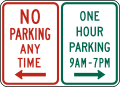 No parking and one hour parking (times) (combined) road sign (MUTCD R7-200)