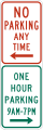 No parking and one hour parking (times) (combined) road sign (MUTCD R7-200a)