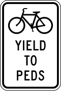 Bicycles yield to pedestrians road sign (MUTCD R9-6)
